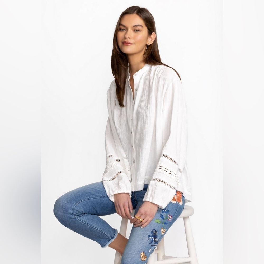 CALME BY JOHNNY WAS 100% Organic Cotton Gauze Peasant Top Natural White NWT